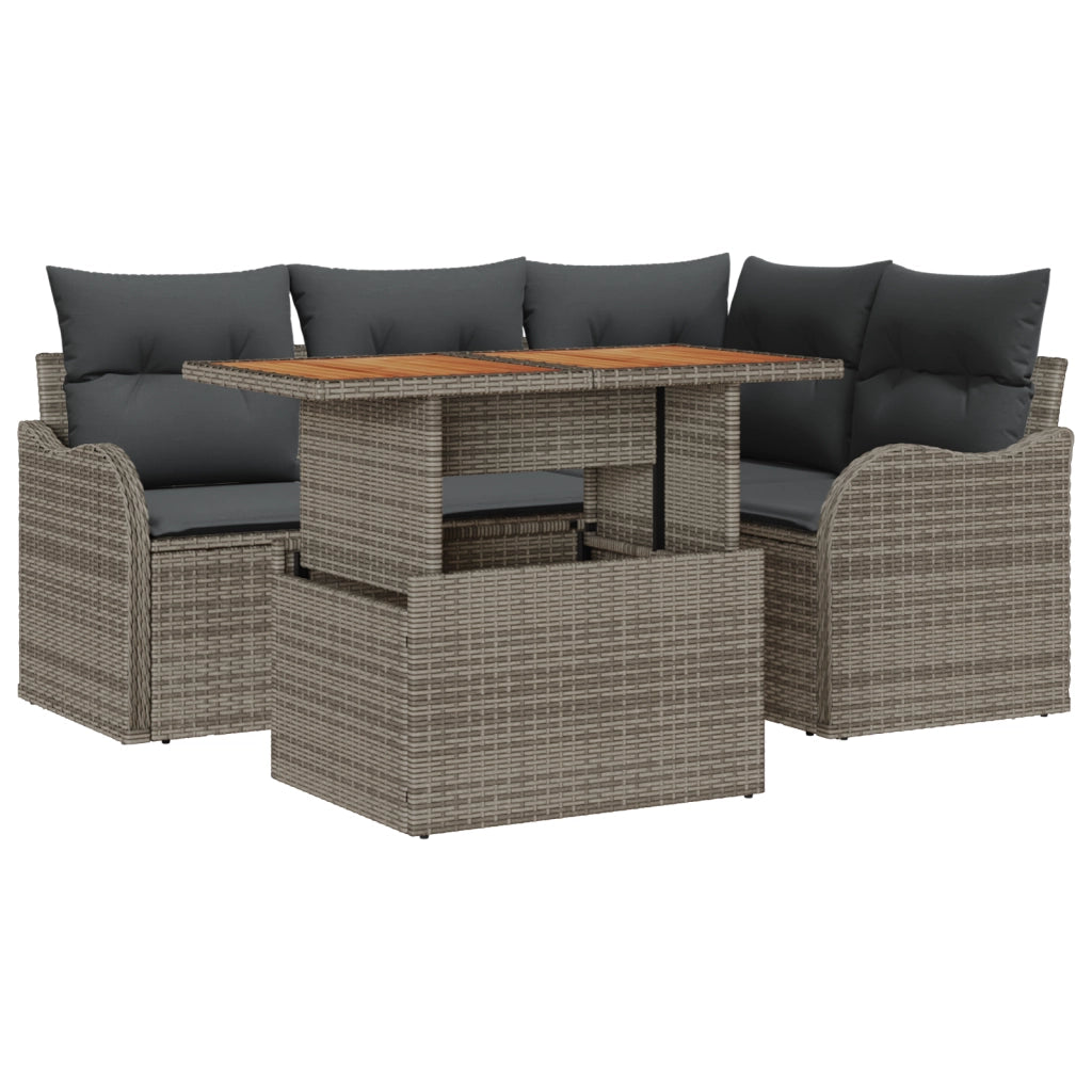 Set Divano da Giardino a 5 Pezzi con Cuscini Grigio Polyrattan