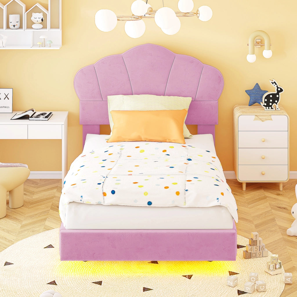 Letto imbottito per bambini con testiera a nuvola e LED, 90x200 cm, rosa