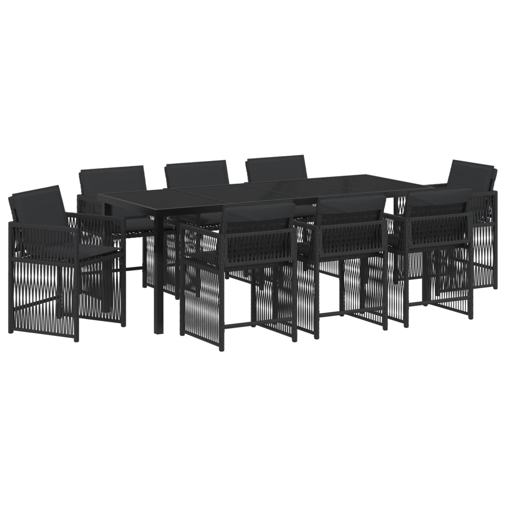 Set da pranzo da giardino con cuscini neri in polyrattan
