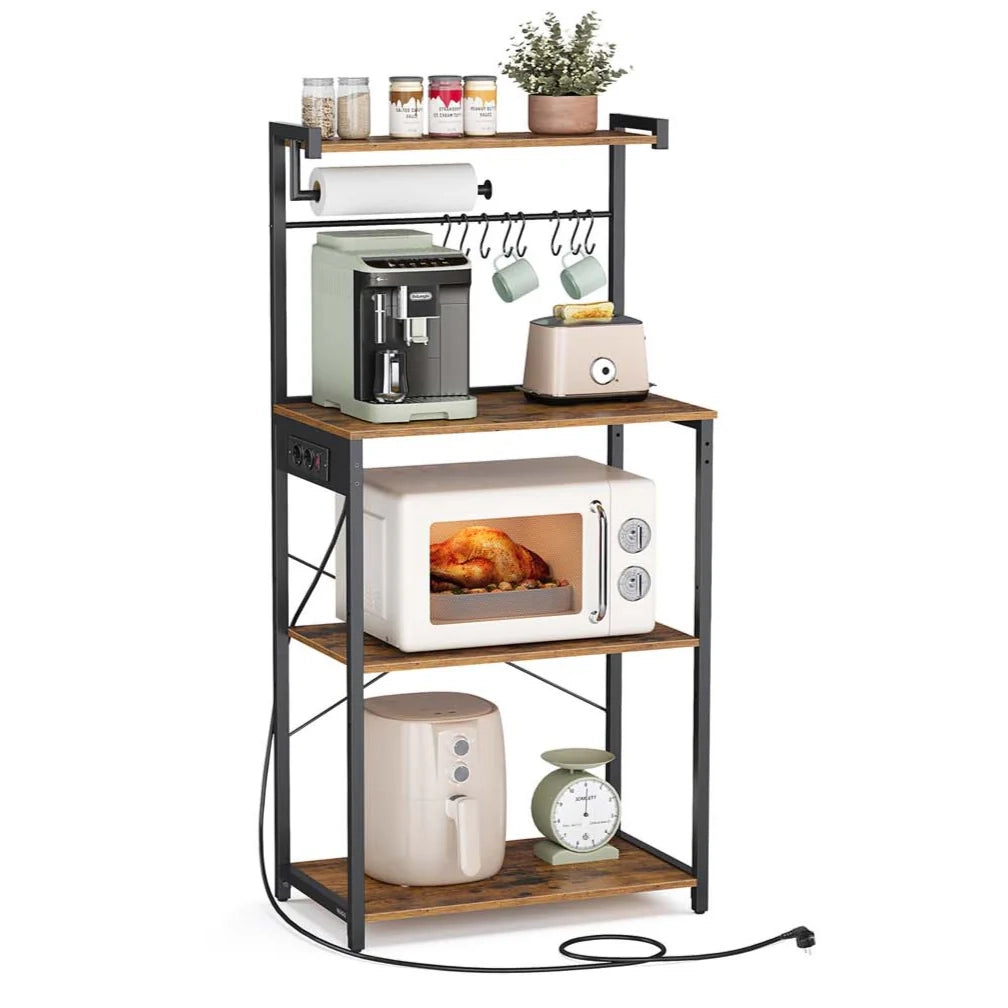 Mensola da cucina con multipresa bancone da caffè a 4 ripiani con ripiano regolabile supporto per microonde portarotolo di carta 40 x 60 x 140 cm marrone 12_0005659