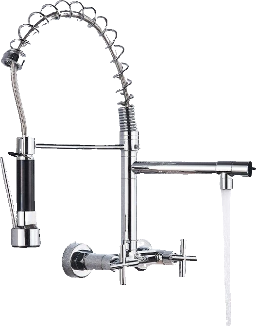 Björn | Herraje de pared para gastronomía argent brillante Grifo  cocina profesional de acero inoxidable con dos duchas|doble lavabo pared restaurante