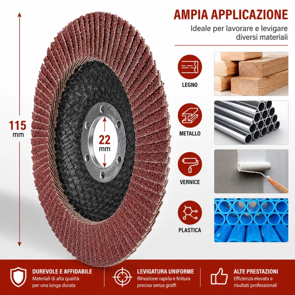 Set 10 Dischi Lamellari Abrasivi 115 mm Grana 40/60/80 80