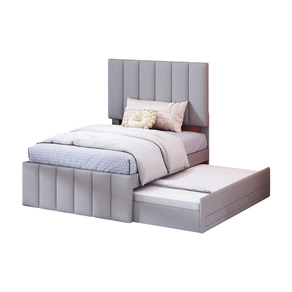 Letto imbottito 90x200 cm con letto estraibile e 3 cassetti in tessuto di cotone e lino grigio
