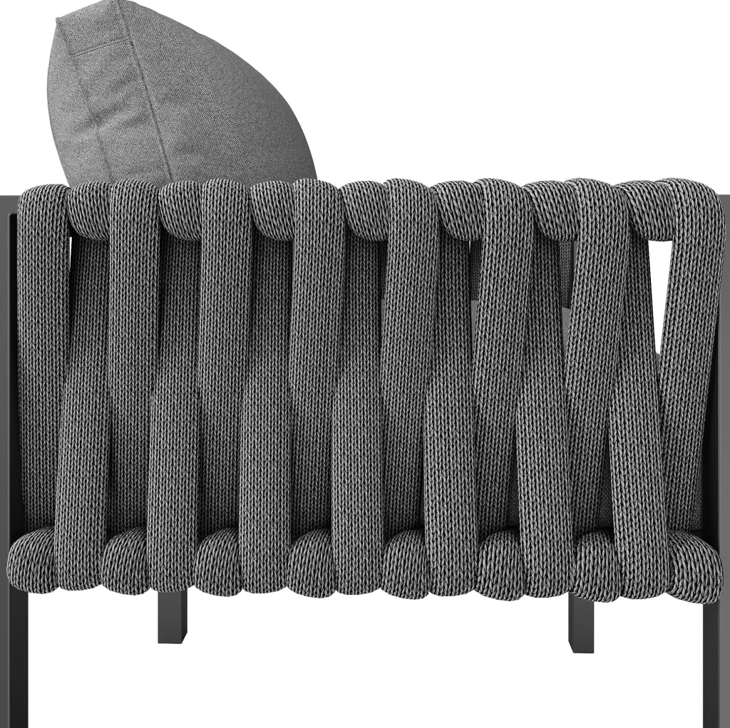 Set da giardino in metallo e poliestere con divano angolare; tavolo in vetro temperato; grigio