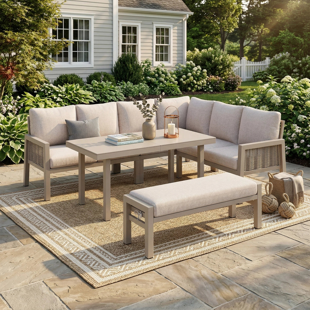 Set Tavolo da Pranzo da Giardino 8 Posti con Divano ¨C Xylo ¨C PE Rattan, Vetro, Khaki