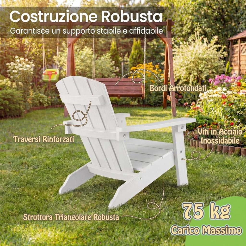Sedia Adirondack per Bambini, Poltrona da Giardino in Plastica Resistente alle Intemperie con Schienale a Doghe Inclinato, Sedia Adirondack per Patio e Balcone, Portata 75 kg (Bianco)