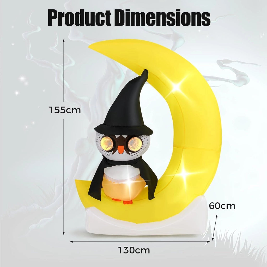 Decorazione Halloween, gufo decorativo con luna gonfiabile, 130 x 60 x 155 cm, 3 luci a LED e 2 grandi luci lampeggianti, soffietto incluso, decorazione per Halloween all'aperto e interni
