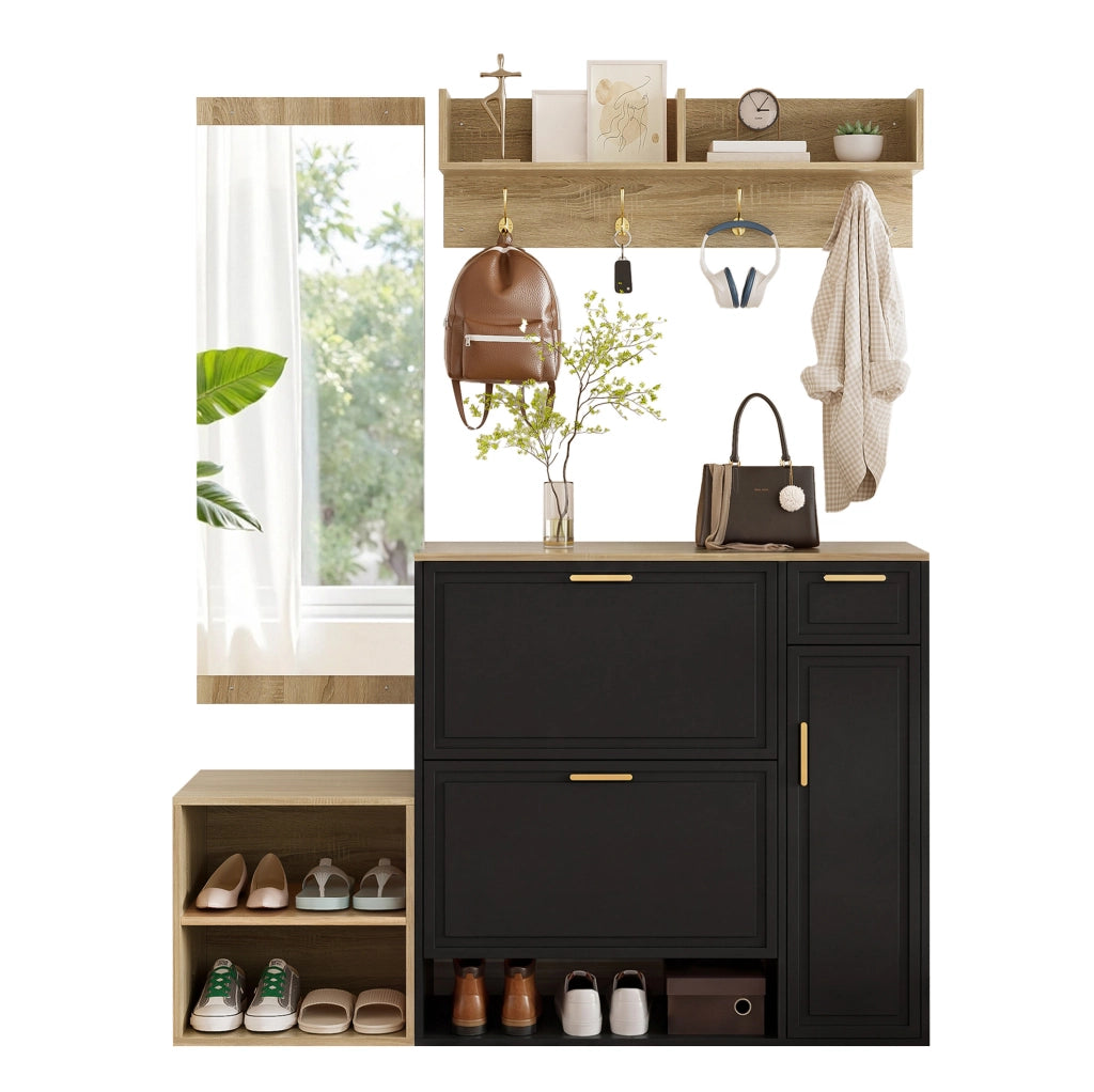 Set guardaroba da ingresso 4 pezzi nero e naturale con scarpiera, panca, specchio e appendiabiti