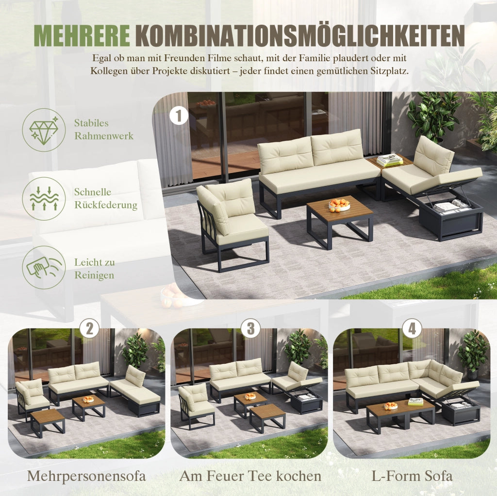 Set divano da giardino modulare beige con contenitore e schienale reclinabile