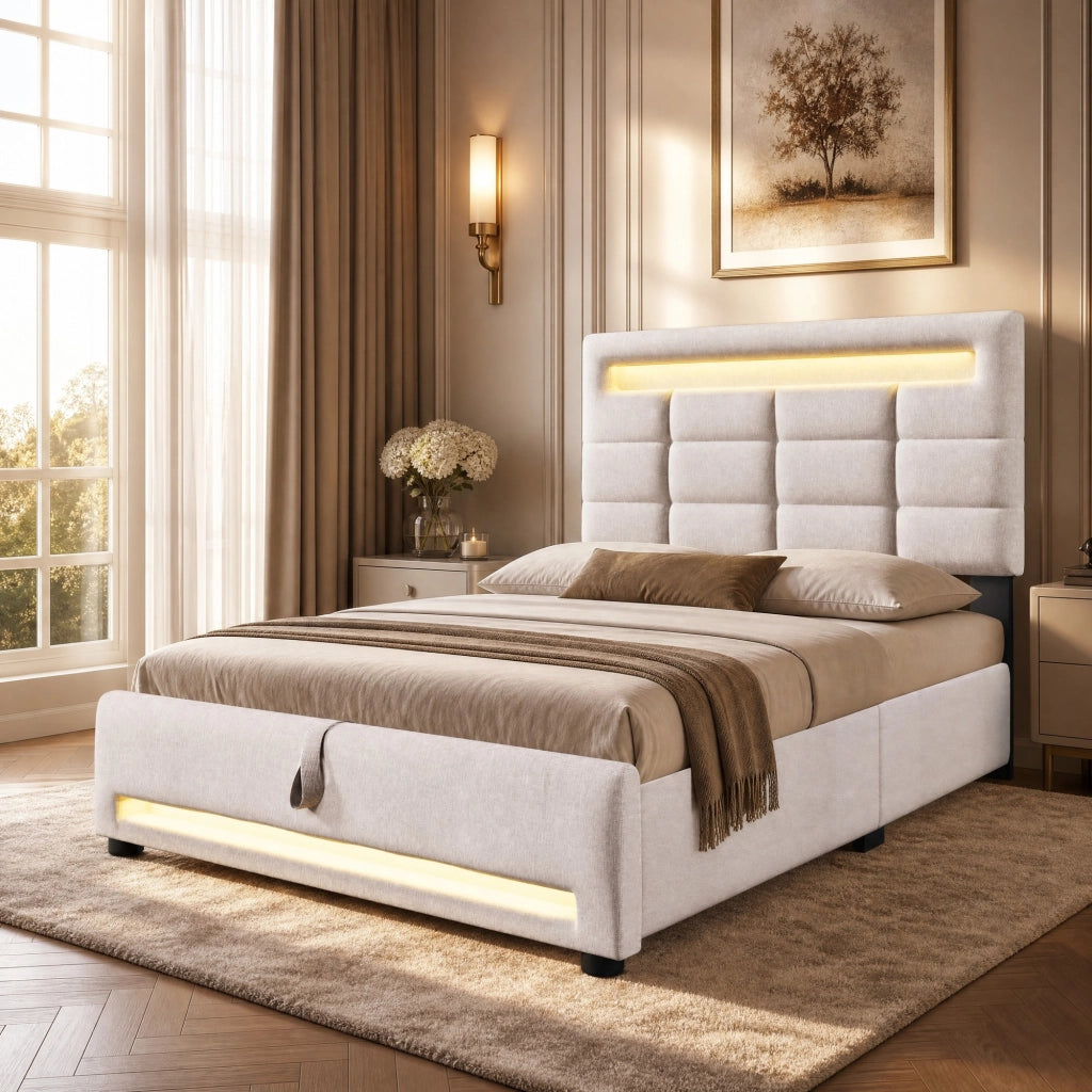Letto imbottito 90x200 cm in lino beige con LED APP; USB e contenitore idraulico