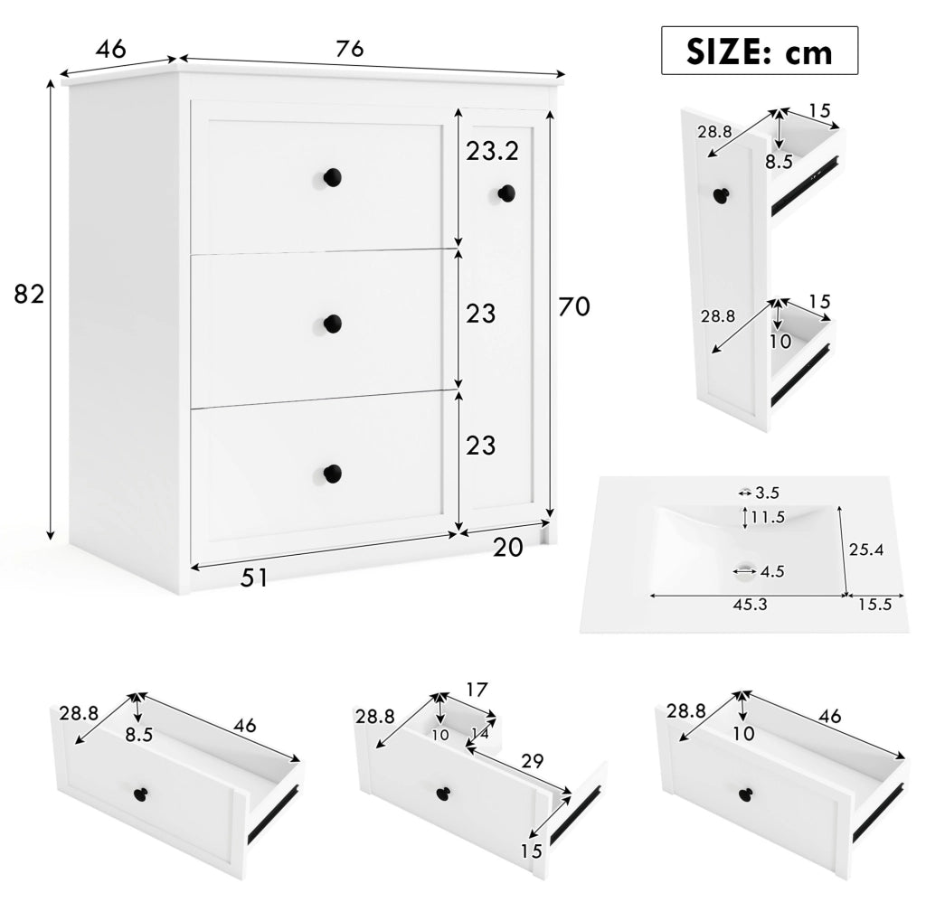 Mobile bagno con lavabo integrato, bianco, 76 x 46 x 82 cm