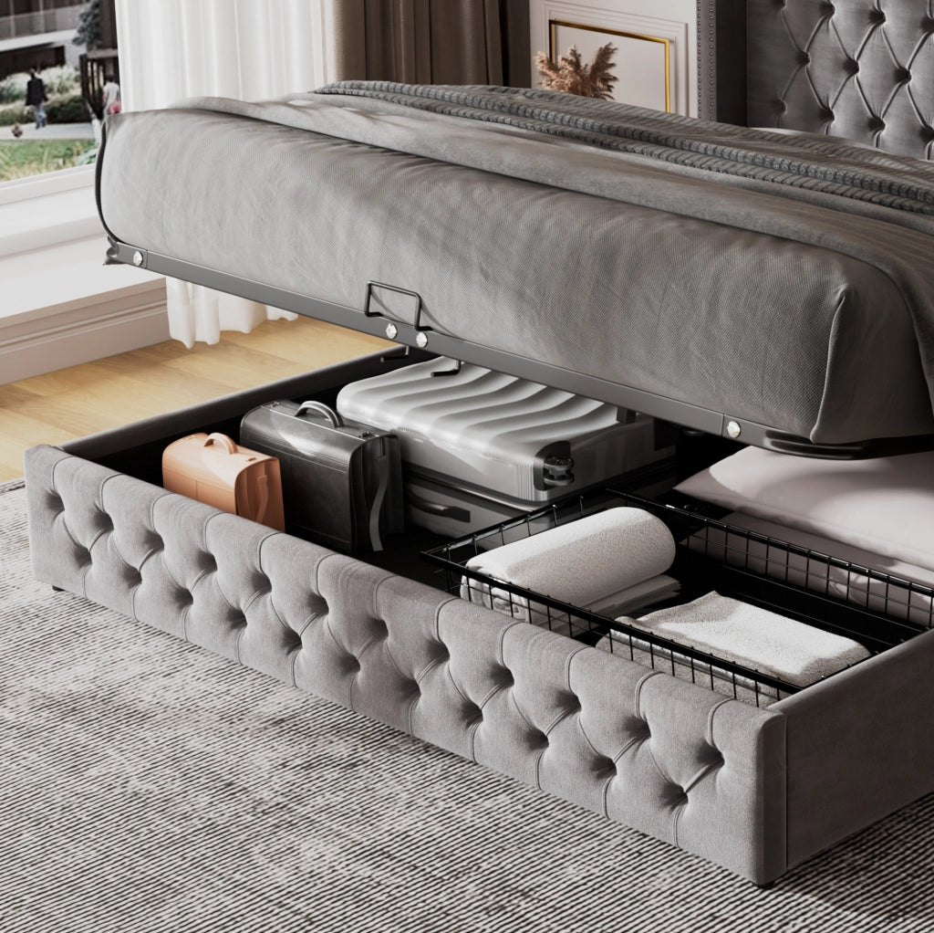 Letto matrimoniale 180x200 cm in velluto grigio stile Chesterfield con contenitore idraulico