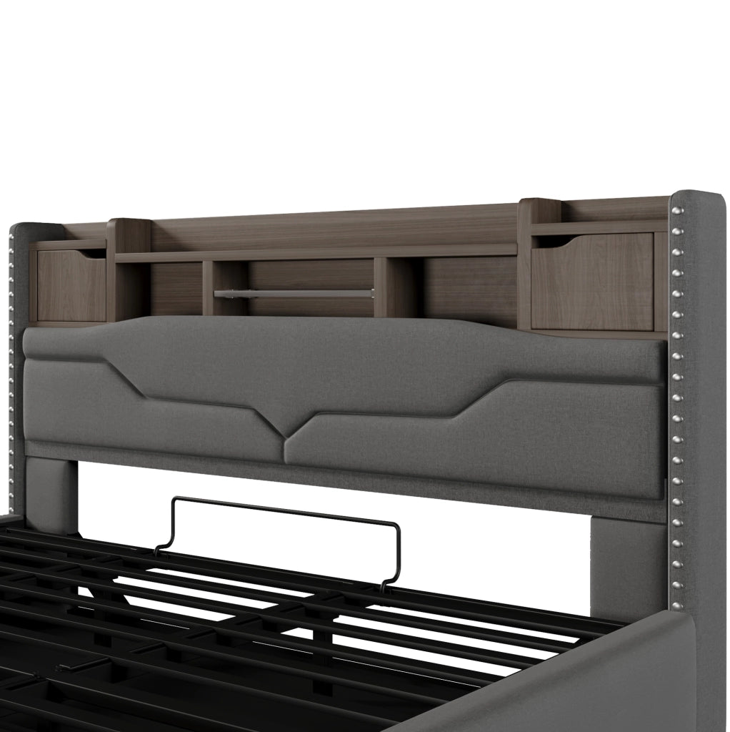 Letto imbottito 180×200 cm grigio con vano idraulico, LED e ricarica USB-C