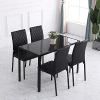 Set 4 Sedie da Pranzo in Finta Pelle con Cuciture a Rombi e Gambe in Metallo, Nero