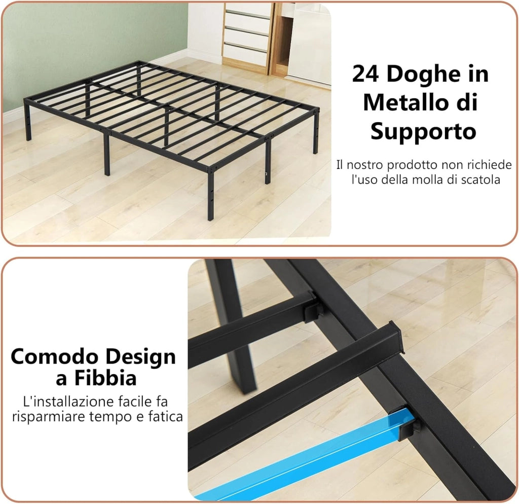 COSTWAY Struttura Letto Matrimoniale in Ferro 160 x 200 cm, Telaio Letto con 9 Piedini Anriscivolo, Supporto di Doghe Resistenti Capacità di 300 kg, con Spazio Sotto il Letto