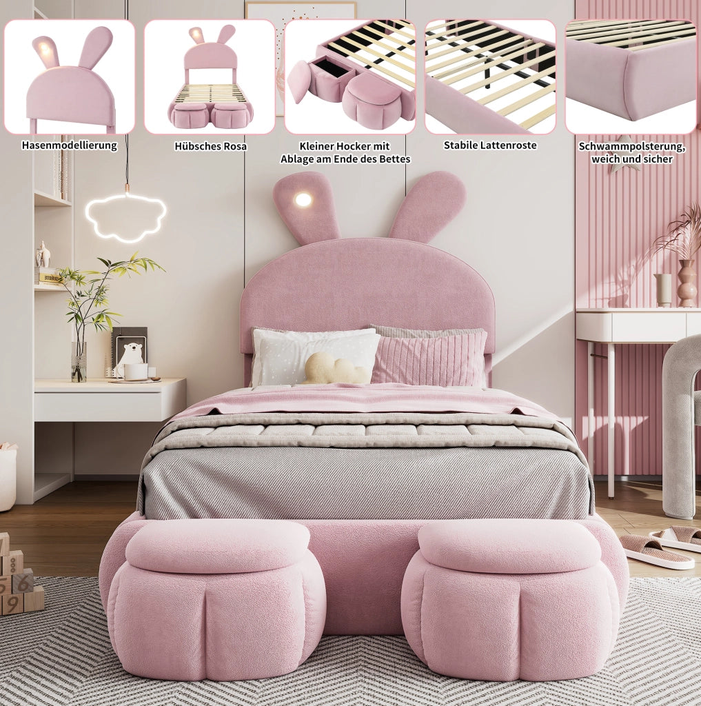 Letto singolo imbottito rosa con LED e 2 pouf, 90x200 cm