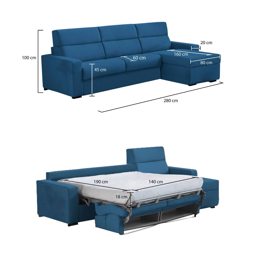 Celleno, Divano Letto con Penisola Sfoderabile Made in Italy, 280x160 cm blu