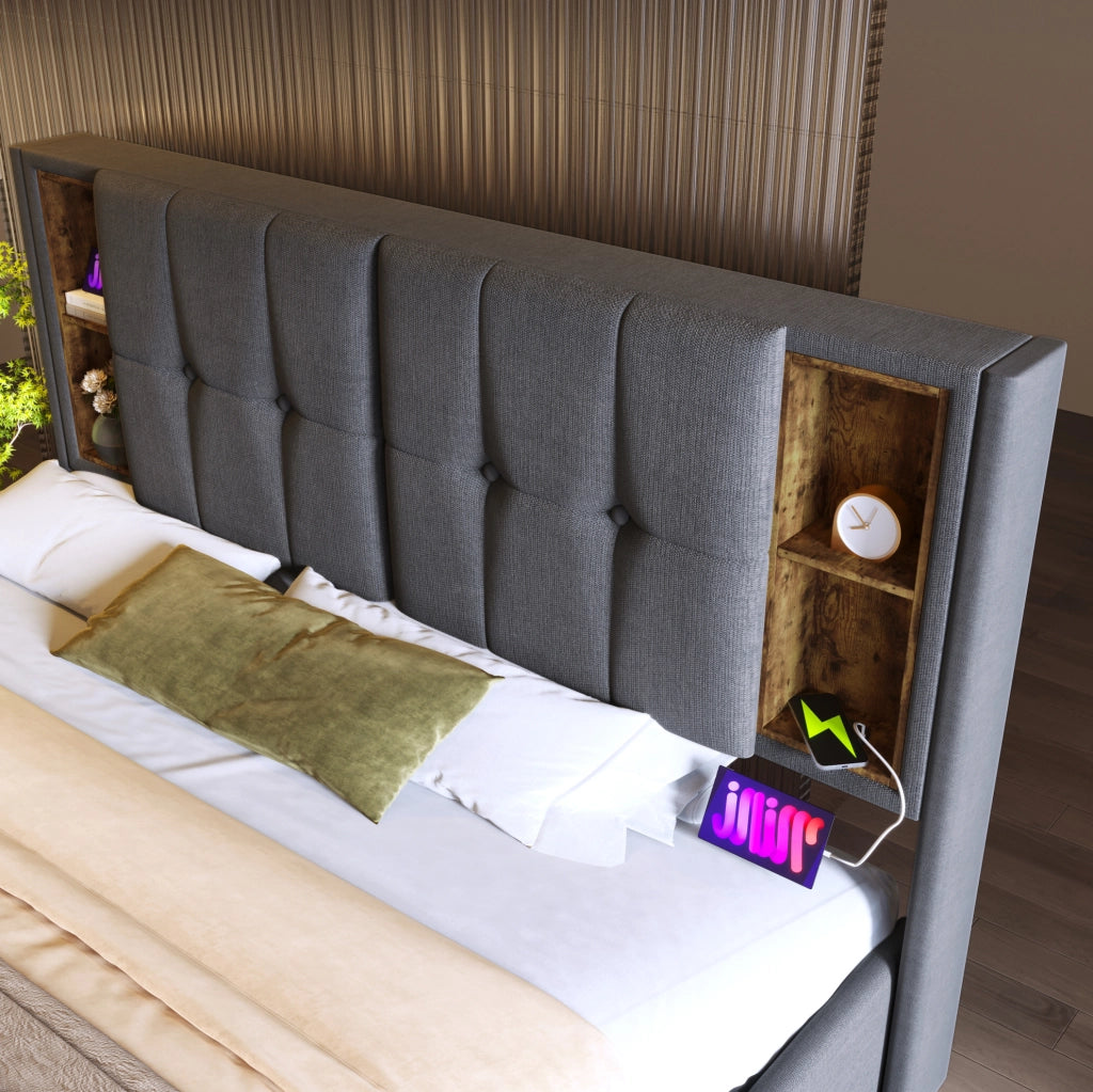 Letto contenitore 160x200 grigio con ricarica wireless, USB e USB-C