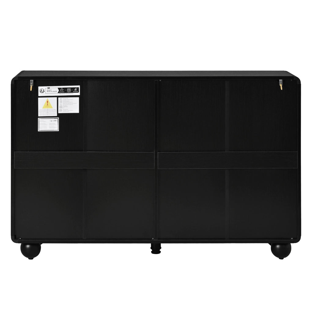 Credenza, mobile contenitore, 2 cassetti, decorazioni a rilievo ad arco, in MDF, piedini metallici rotondi, nero