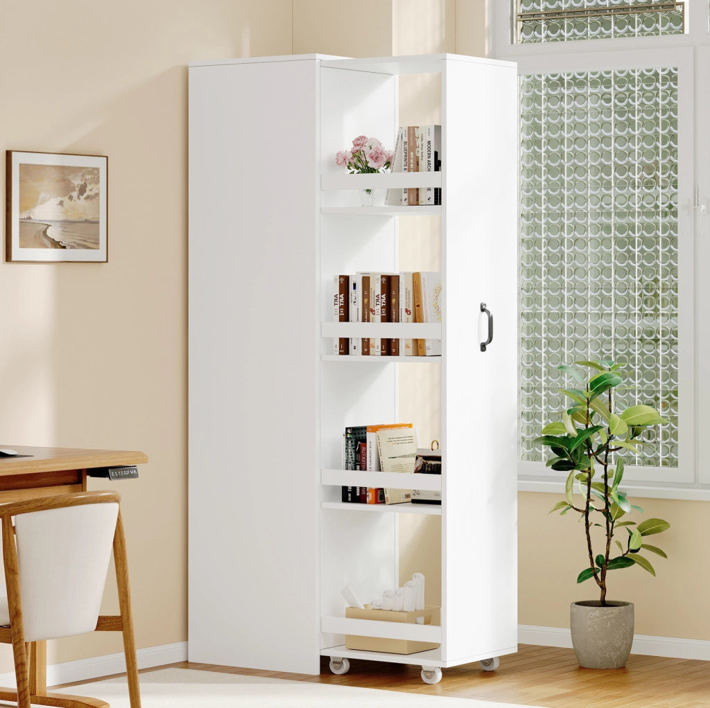 Libreria stretta 40x30x160;5 cm in MDF bianco con ruote e box protettivi