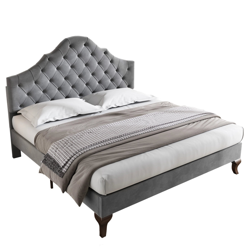 OKWISH Letto Imbottito 140×200 cm, Letto Matrimoniale con Testiera Regolabile e Rete a Doghe, senza Materasso, in Velluto, Grigio