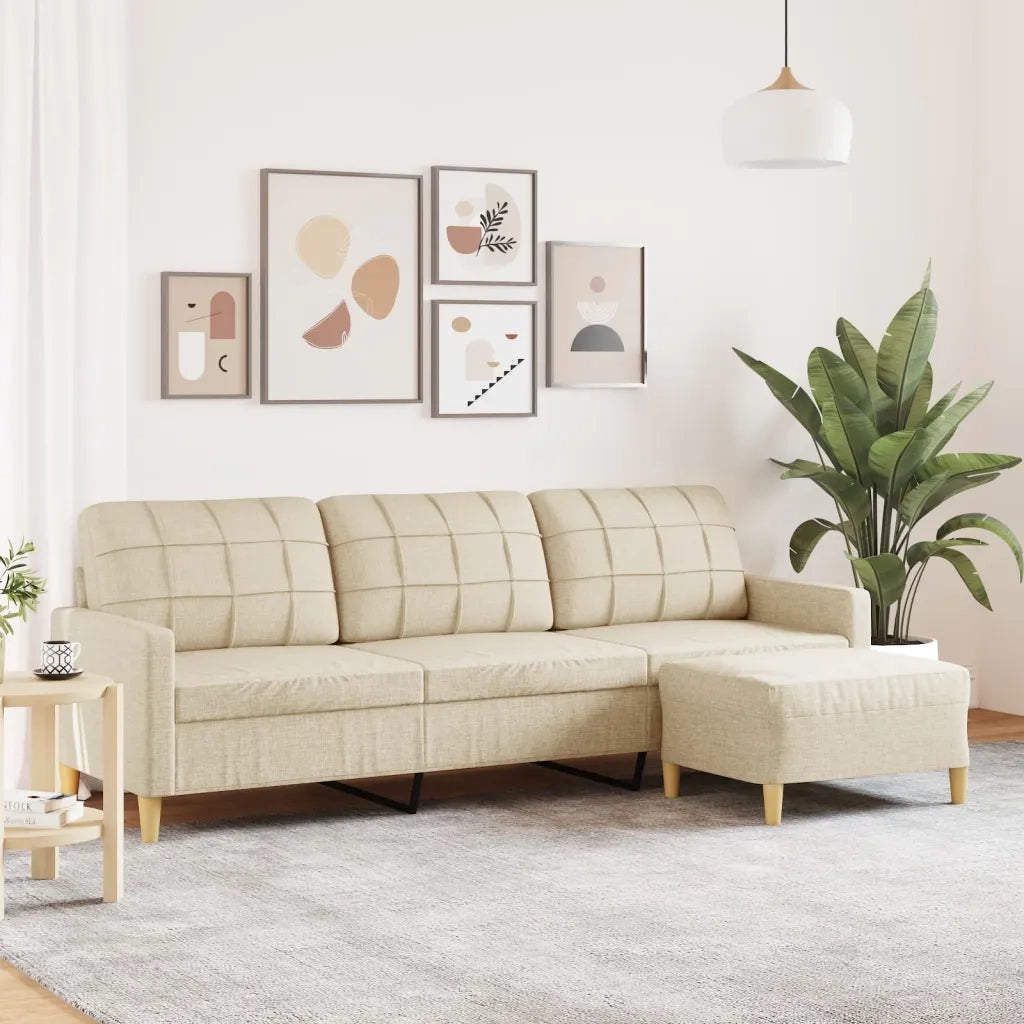 Divano a 3 Posti con Poggiapiedi-Sofa 3 Posti con Poggiapiedi Crema 210cm in Tessuto