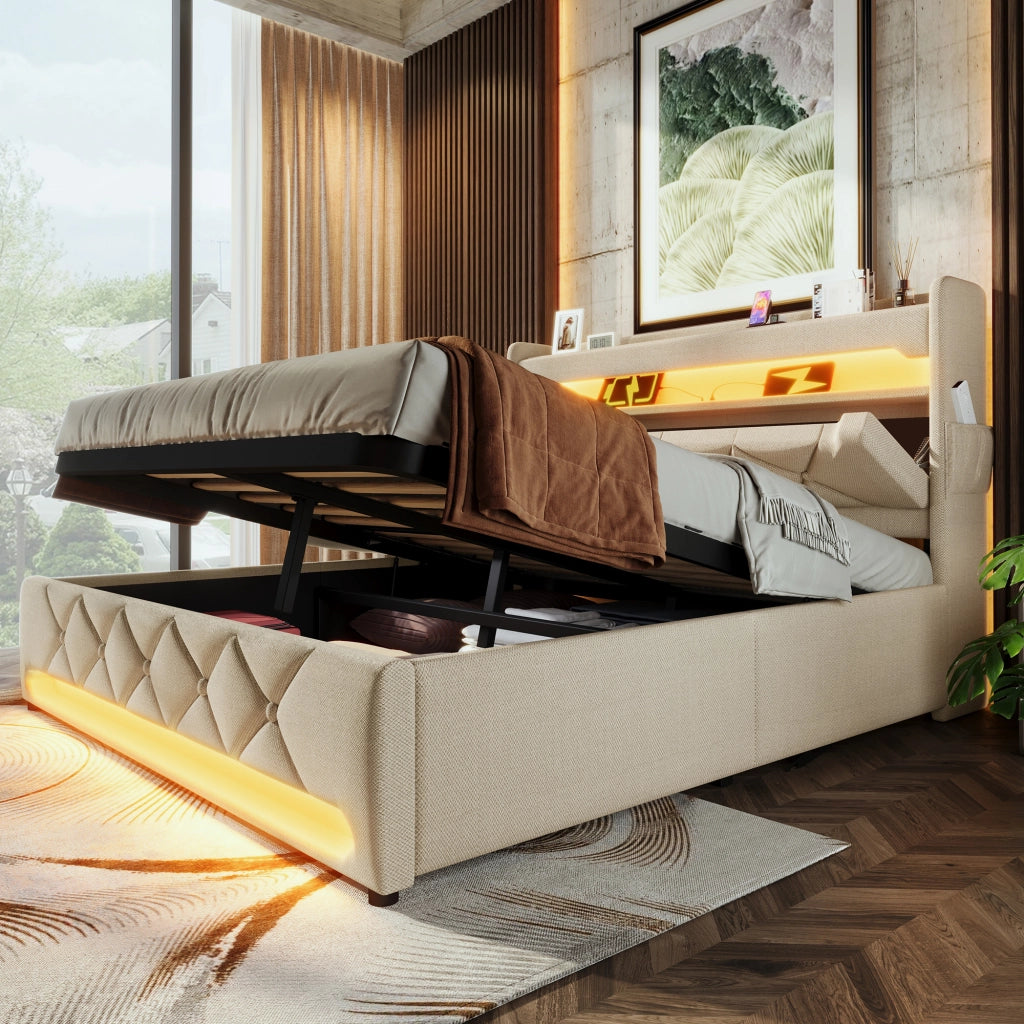 Letti contenitori 140x190 cm; testiera con ricarica e LED; lino beige (Senza materasso)