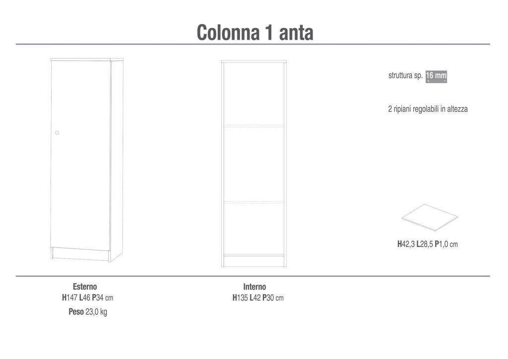 Armadio 1 Anta 46x147x34 cm Bianco Lisco