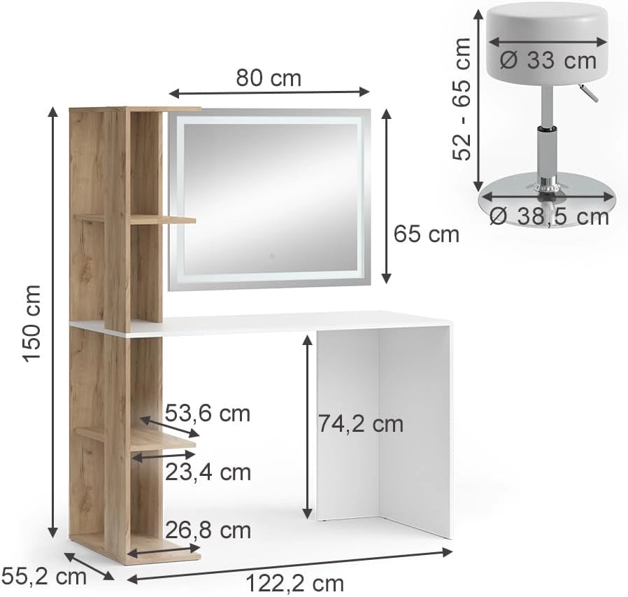 Tavolo da toeletta Tower, Bianco/Sonoma, 122.2 cm con specchio LED e sgabello, Superfici decorative per profumi e oggetti preferiti