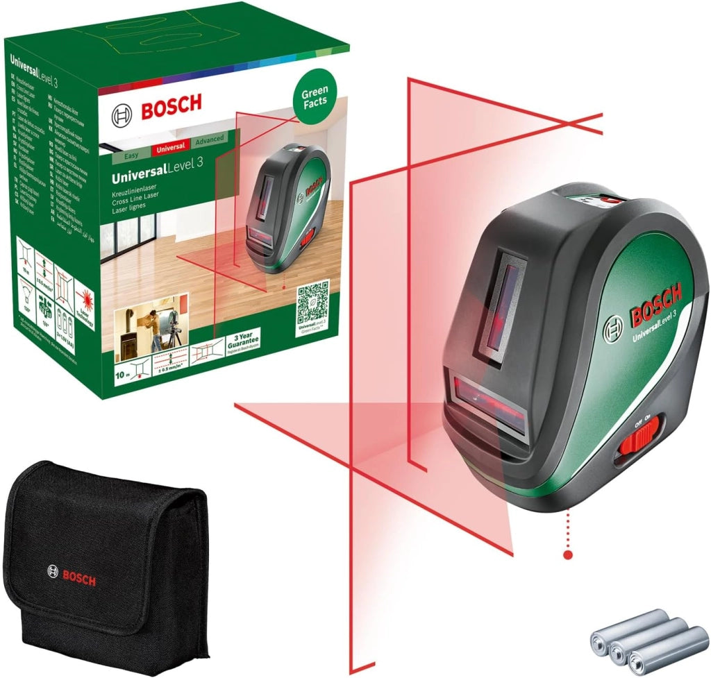 Bosch livella laser multifunzione UniversalLevel 3 (3 linee laser incl. linea verticale a 90° per una croce laser aggiuntiva sul soffitto e punto a piombo inferiore per allineamenti precisi)