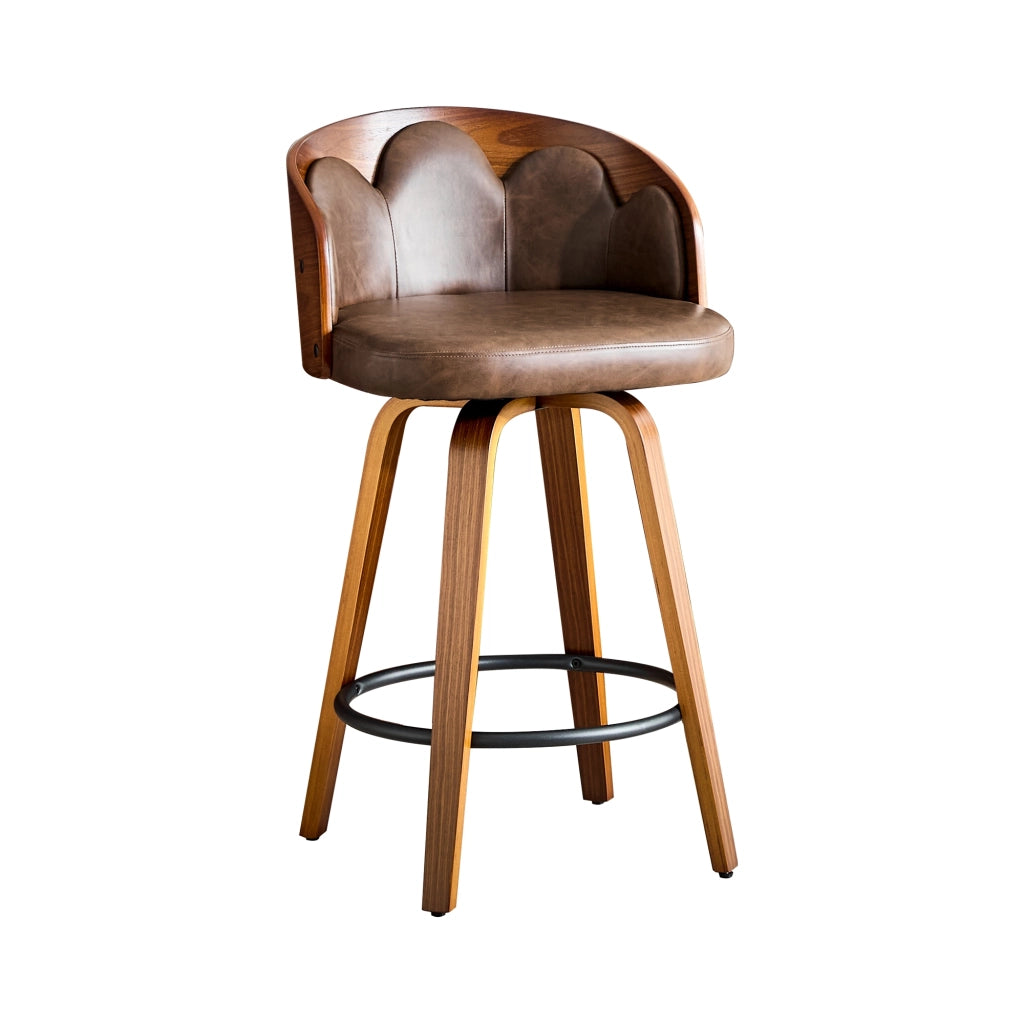 SGABELLO DA BAR con schienale a fiore, 89 cm, legno curvato, PU marrone