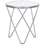Tavolino Piano In Vetro Temperato Bianco Gambe A Forcella In Metallo Argento Forma Rotonda