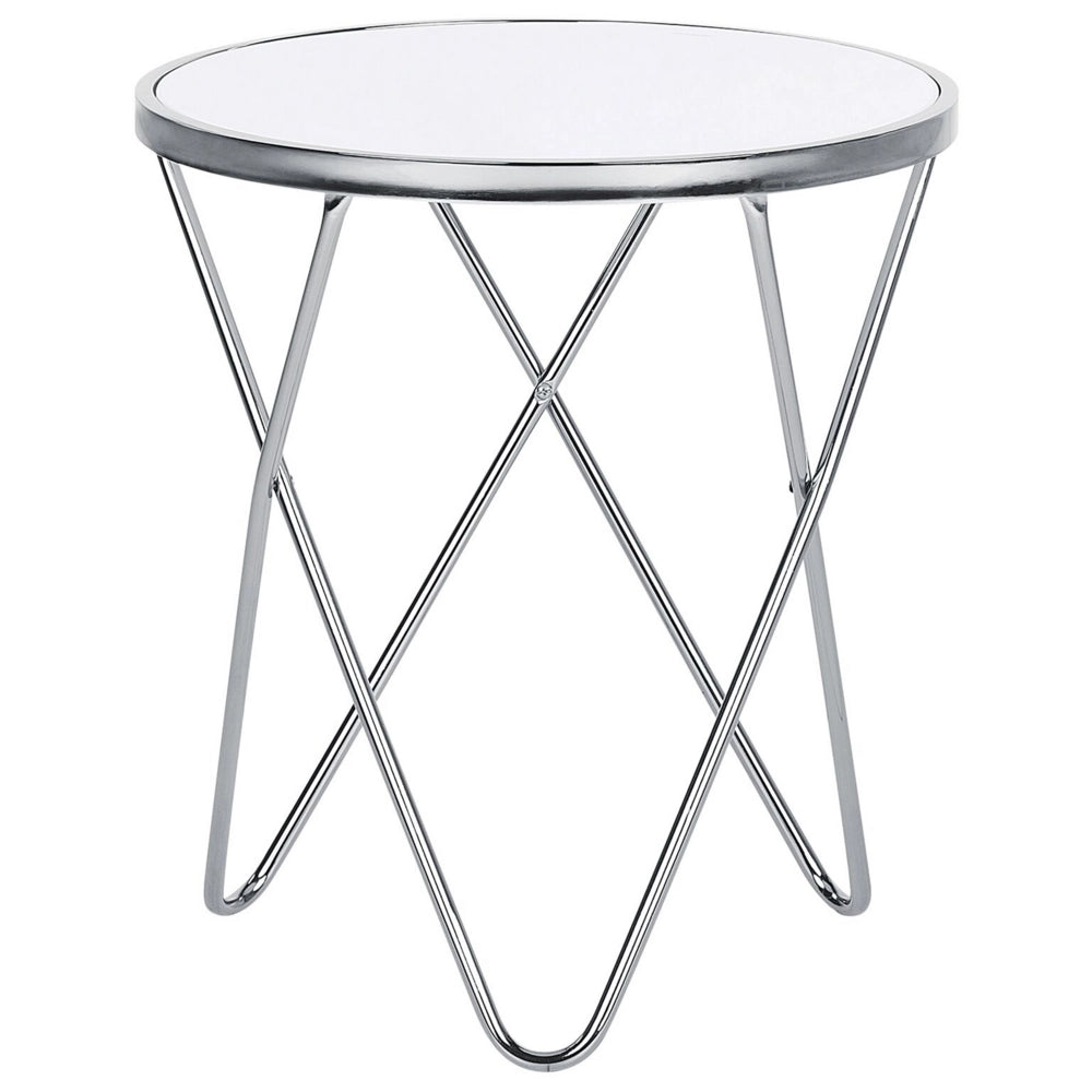 Tavolino Piano In Vetro Temperato Bianco Gambe A Forcella In Metallo Argento Forma Rotonda