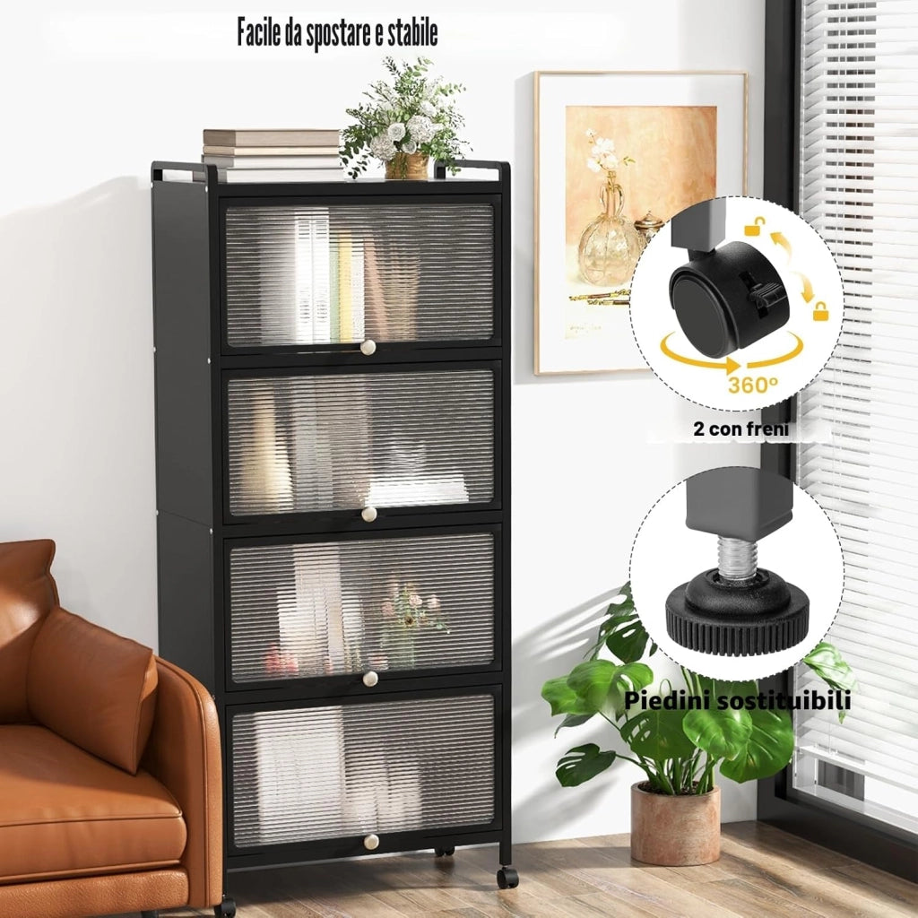 Mobile Dispensa Cucina a 5 Livelli, Mensola Microonde con Anta a Vista, Ruote, Dispositivo Antiribaltamento, Scaffale da Cucina in Ferro per Soggiorno, Sala da Pranzo, 60x32x154cm (Nero)