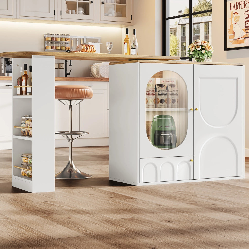Isola cucina 138x39x105 cm girevole 360° con ampio spazio in MDF e metallo bianco