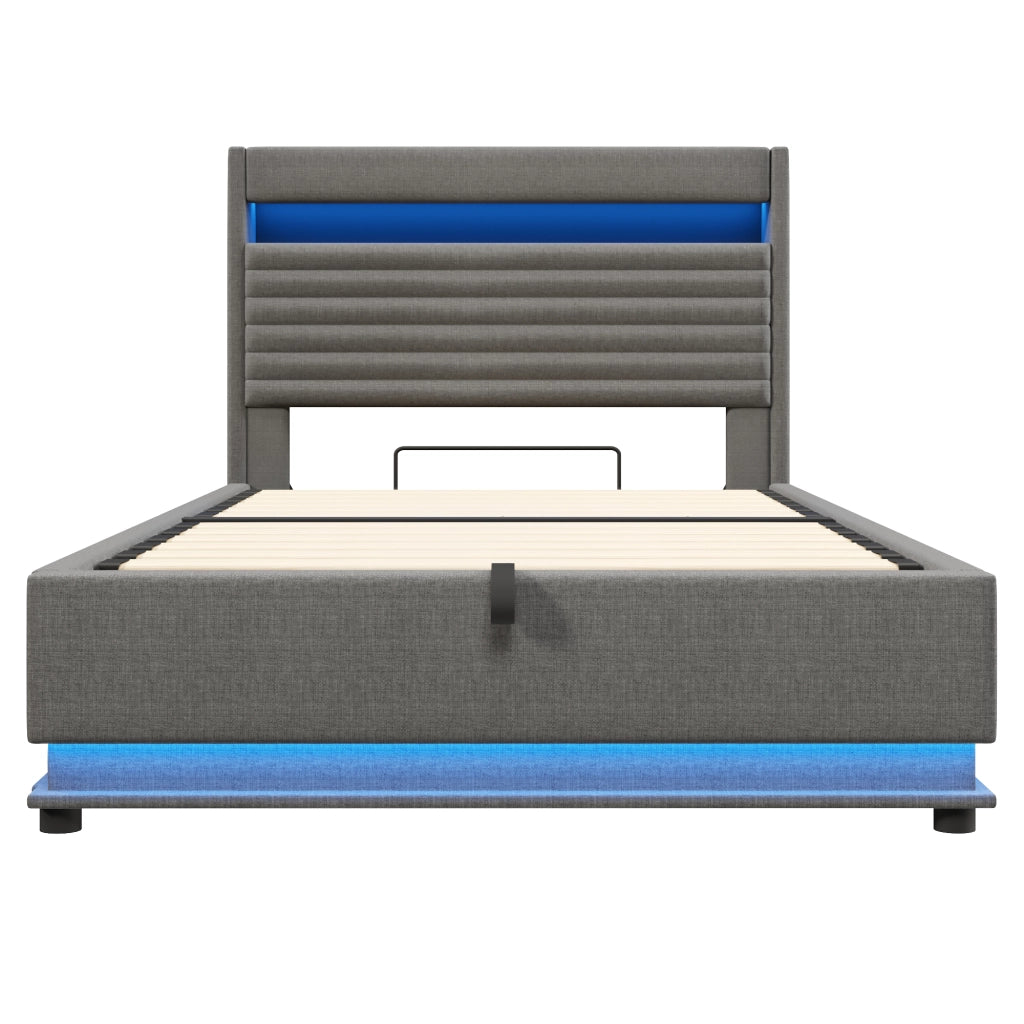Letto Contenitore Letto Matrimoniale 140x200 cm con USB; Type-C; LED; in Lino Grigio