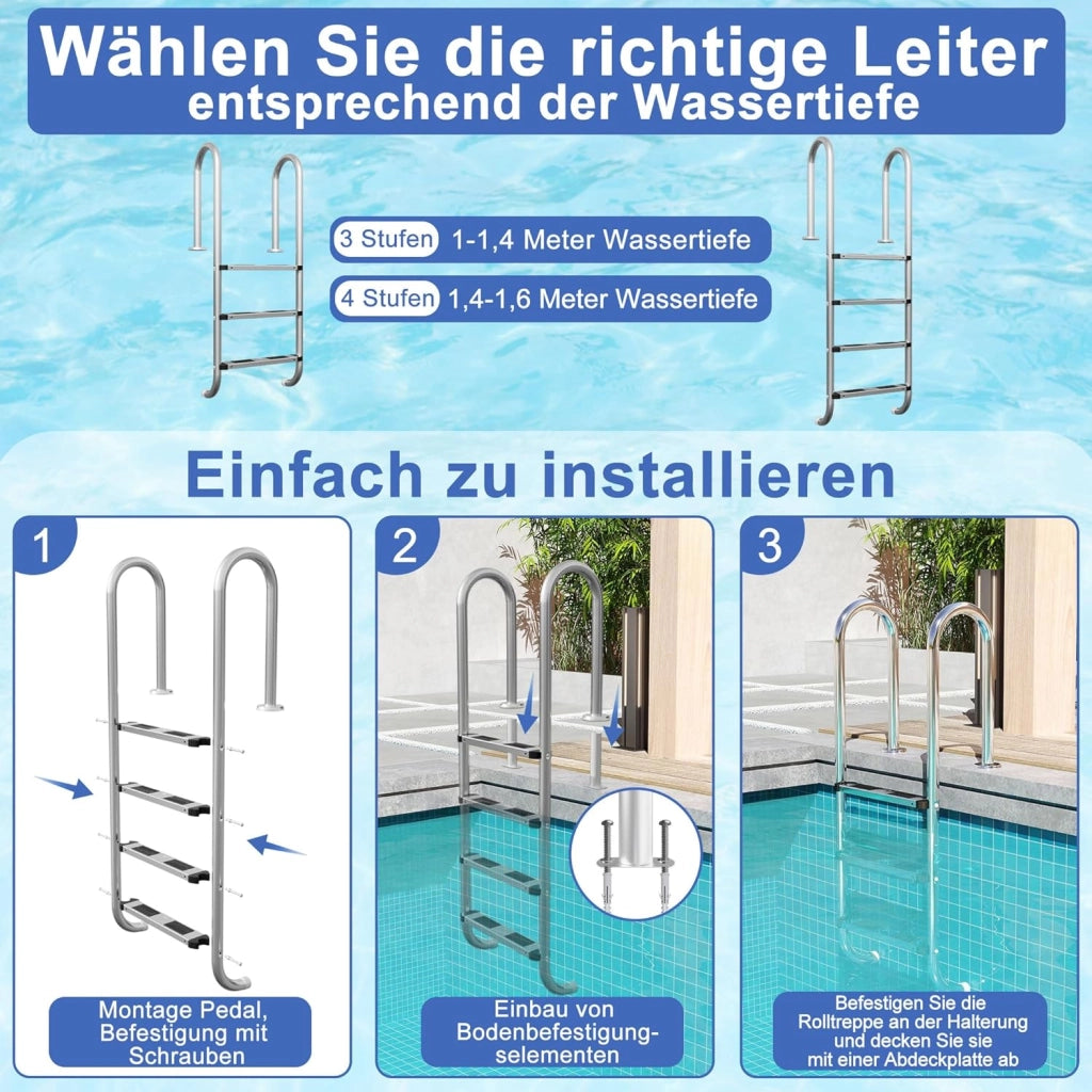 Scala per piscina in acciaio inox, 3 livelli, 132 cm, con cuscinetto antiscivolo e corrimano curvo, scaletta per piscina