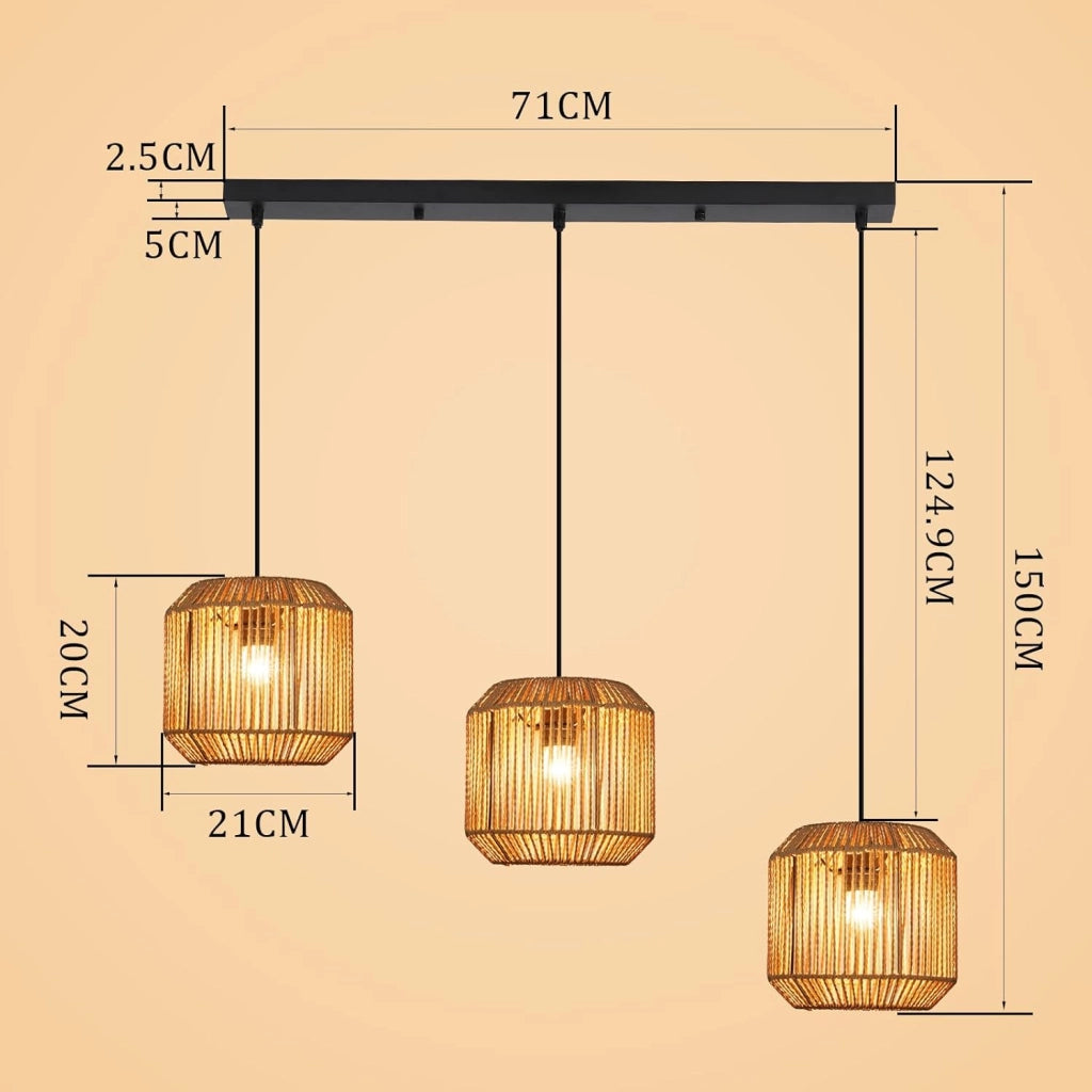 Lampada a sospensione ZMH vintage a 3 luci in stile legno e rattan (lampadina non inclusa)