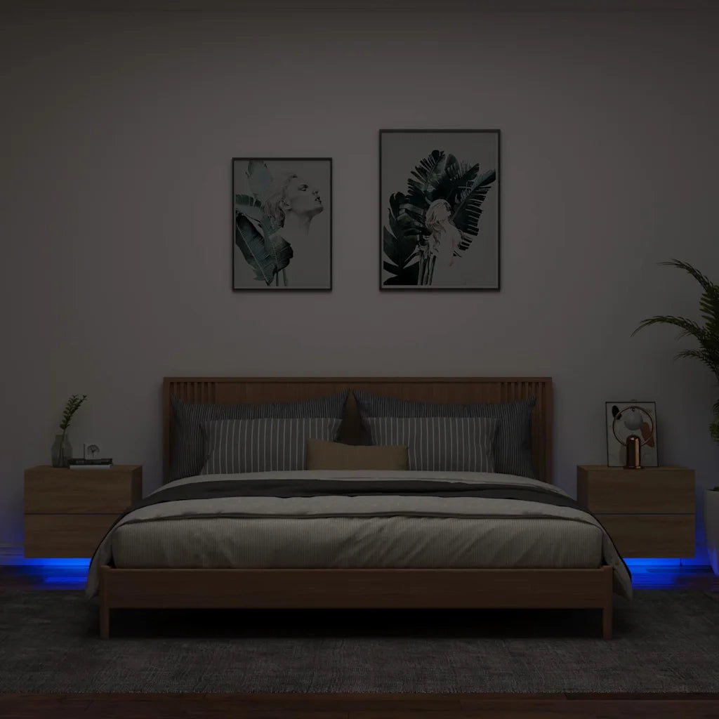 Comodini a Parete con luci LED 2 pz-Set di 2 Tavolino da notte Rovere Sonoma 686442