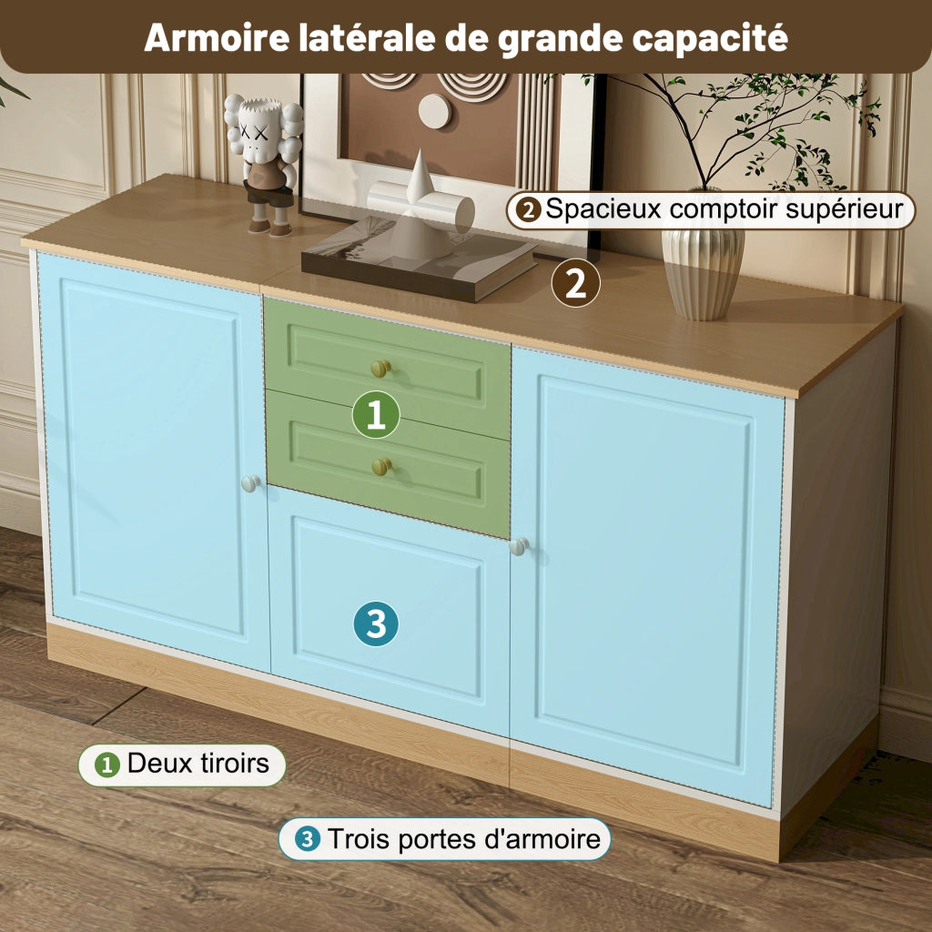 OKWISH Credenza Contenitore con 3 Ante, 2 Cassetti e Ripiani Regolabili, per Soggiorno e Sala da Pranzo, 135,5×39×76 cm