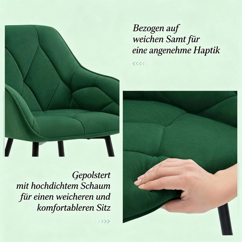 Set di 2 sedie da pranzo in velluto verde scuro con braccioli