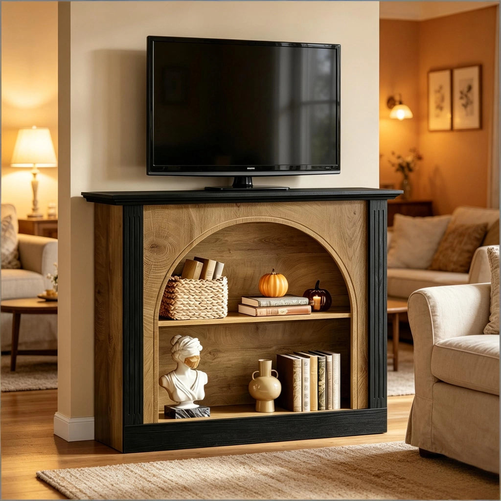 Consolle in legno con 3 ripiani e vano semicoperto, stile mid-century modern, per ingresso e soggiorno, nero rustico