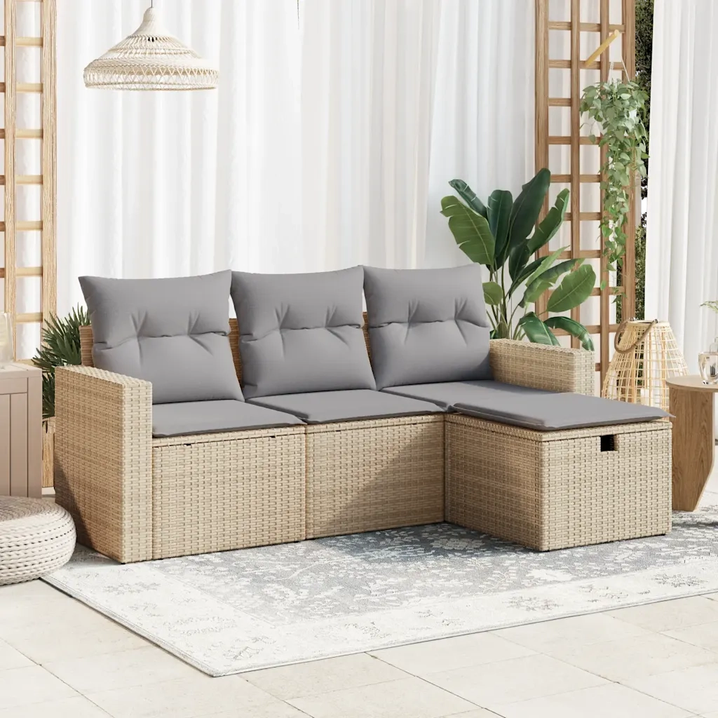 Set Divano da Giardino 4 pz | Set Salotto da Giardino con Cuscini Beige in Polyrattan