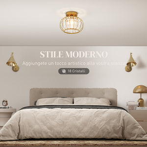 Plafoniera LED Moderna Design a Gabbia Ø27x19 cm con 18 Cristalli Struttura in Metallo Oro
