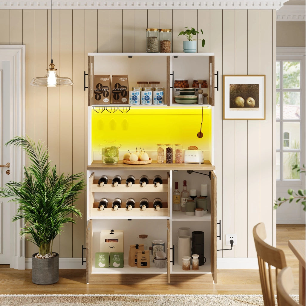 Dispensa alta con ripiani LED e presa elettrica in MDF bianco e naturale 100 × 40 × 180 cm