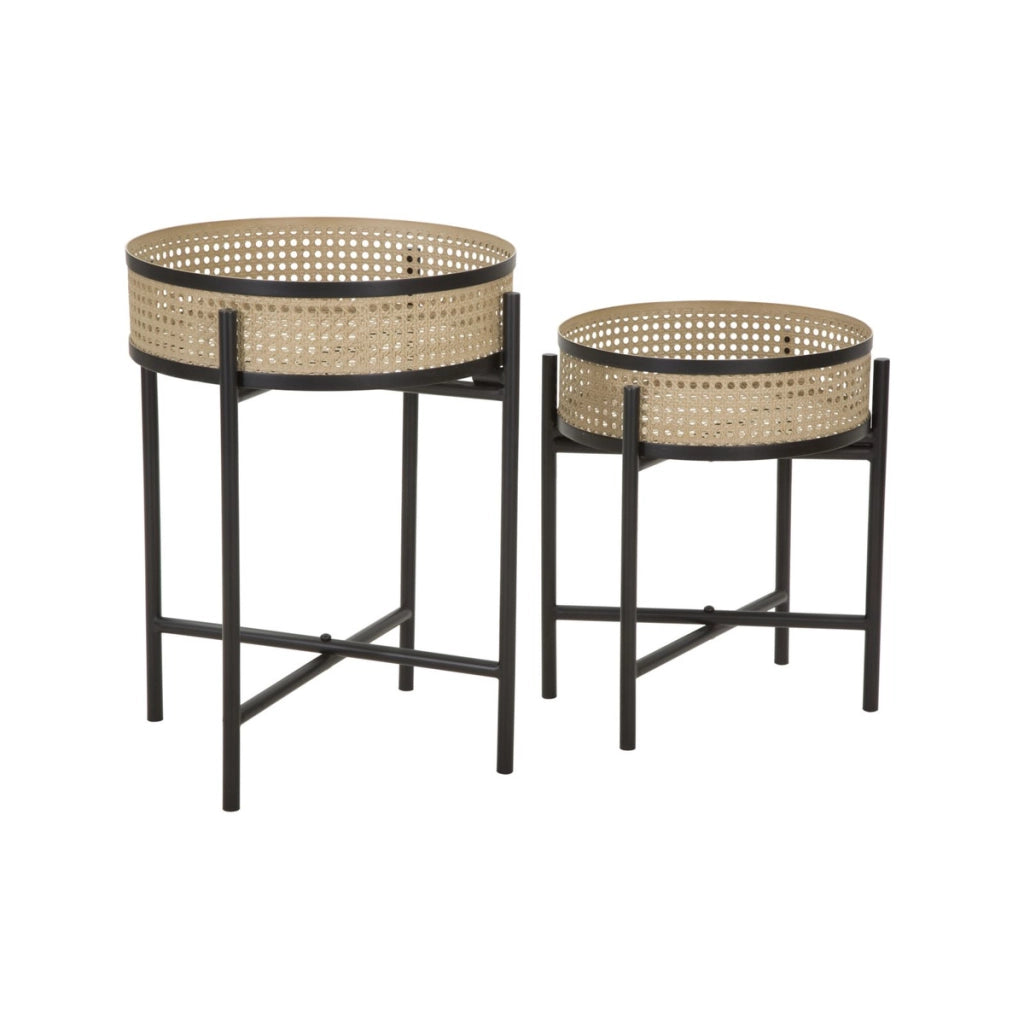Porta-vasi Fuji in rattan e ferro nero — coppia Ø 40x50 e Ø 35x40 cm