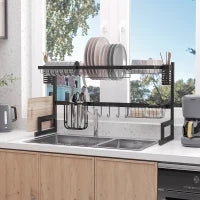 Asciugatrice A Piatti A 2 Livelli Supporto Per Coltelli Per Tagliere 93 x 30 x 52.5 cm Acciaio Nero