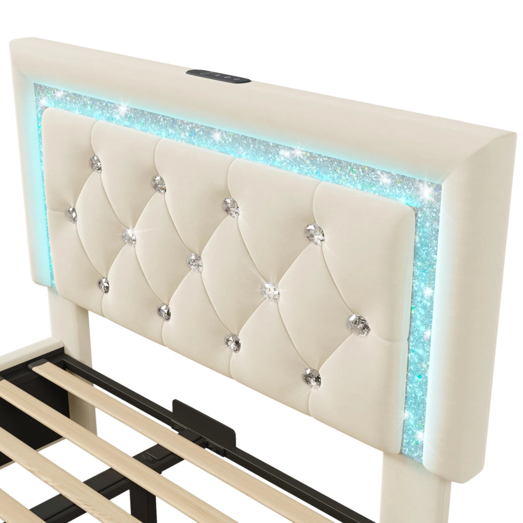 Letto imbottito 90x200 cm beige con LED, USB-C, vano contenitore e rete