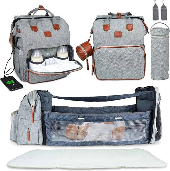 Borsa da viaggio per bambini con cuscino e contenitore per biberon, cinture per passeggino e caricatore USB | regalo per genitori, baby shower e nuovo nato, grigio