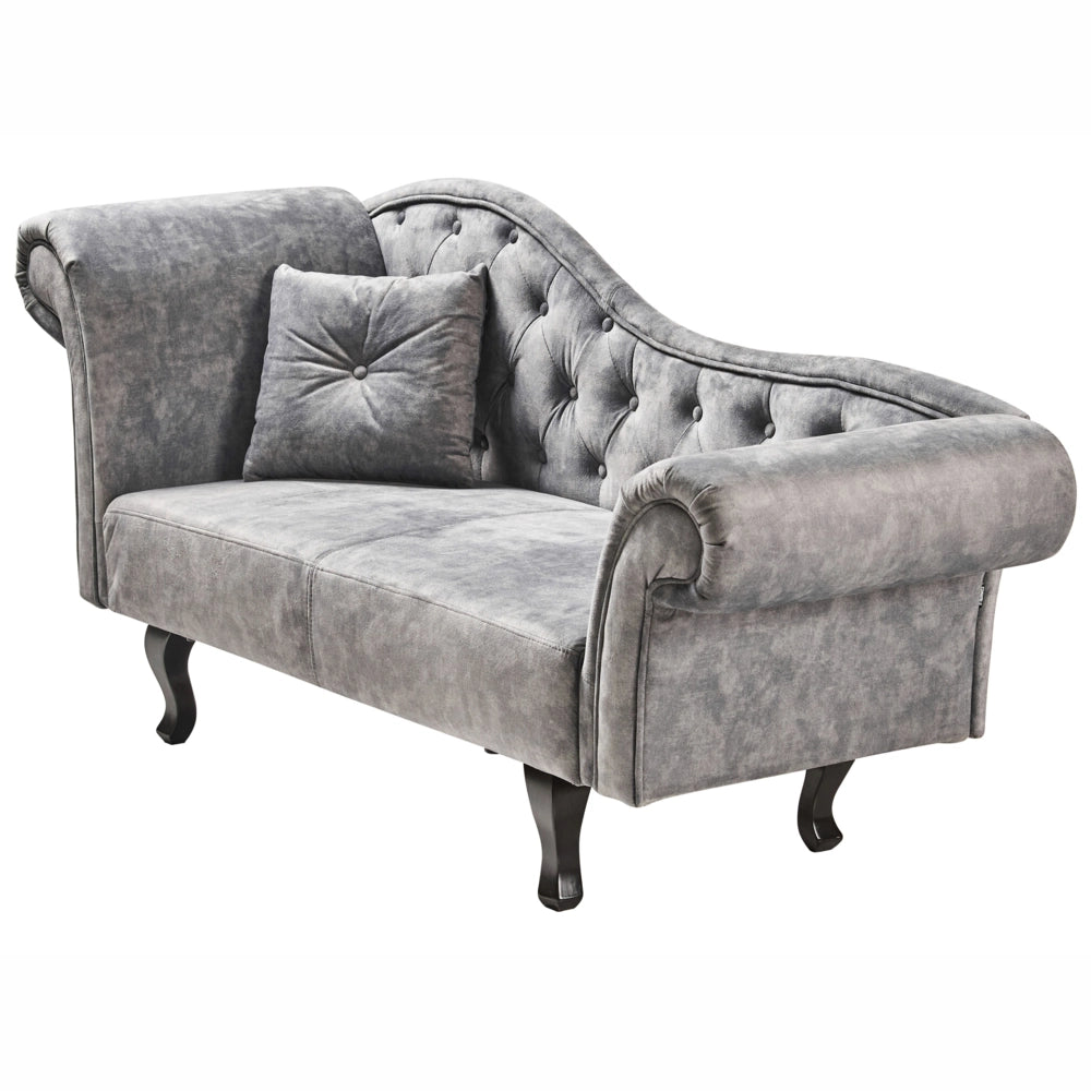 Chaise Lounge in velluto grigio imbottito a lato sinistra con cuscino in stile retrò tradizionale Facile da pulire pet friendly